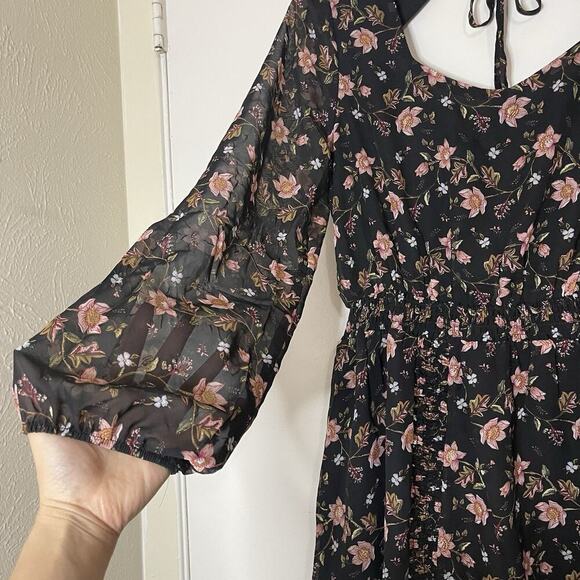 NEW! J.O.A. Black Floral Back Cut Out Smocked Waist Asymmetrical Dress Med - Picture 3 of 7